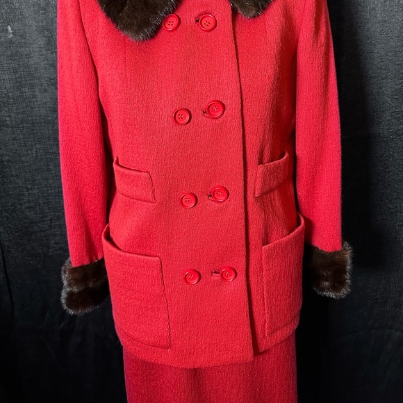Vintage 1960s Ransohoff’s Wool 2 Pc Coat & Skirt MINK Collar Red Jack Feit Sz 10 - Picture 9 of 13